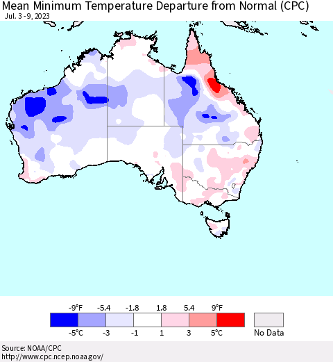 Australia Mean Minimum Temperature Departure from Normal (CPC) Thematic Map For 7/3/2023 - 7/9/2023