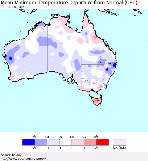 Australia Mean Minimum Temperature Departure from Normal (CPC) Thematic Map For 7/10/2023 - 7/16/2023