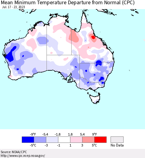 Australia Mean Minimum Temperature Departure from Normal (CPC) Thematic Map For 7/17/2023 - 7/23/2023