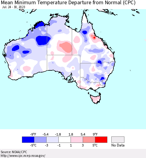 Australia Mean Minimum Temperature Departure from Normal (CPC) Thematic Map For 7/24/2023 - 7/30/2023