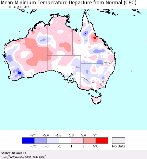 Australia Mean Minimum Temperature Departure from Normal (CPC) Thematic Map For 7/31/2023 - 8/6/2023