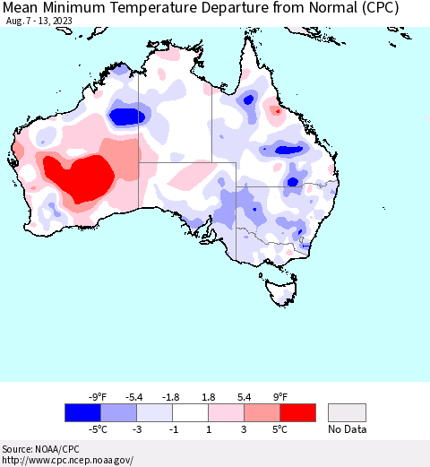 Australia Mean Minimum Temperature Departure from Normal (CPC) Thematic Map For 8/7/2023 - 8/13/2023