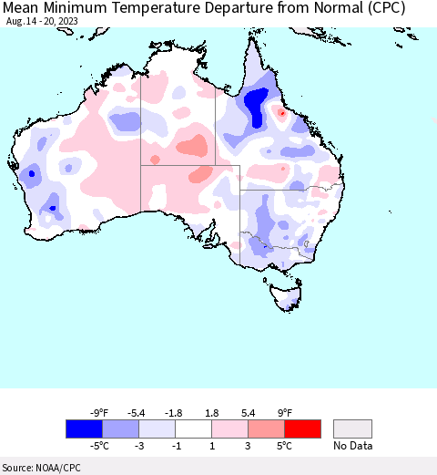 Australia Mean Minimum Temperature Departure from Normal (CPC) Thematic Map For 8/14/2023 - 8/20/2023