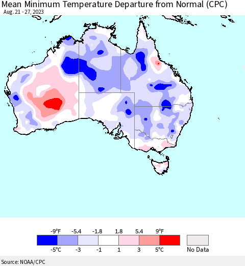 Australia Mean Minimum Temperature Departure from Normal (CPC) Thematic Map For 8/21/2023 - 8/27/2023
