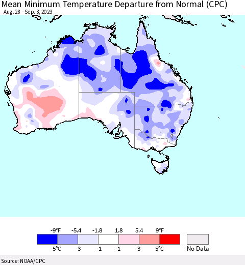 Australia Mean Minimum Temperature Departure from Normal (CPC) Thematic Map For 8/28/2023 - 9/3/2023