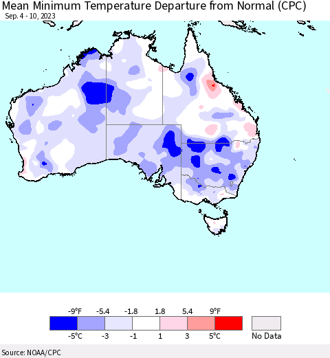 Australia Mean Minimum Temperature Departure from Normal (CPC) Thematic Map For 9/4/2023 - 9/10/2023