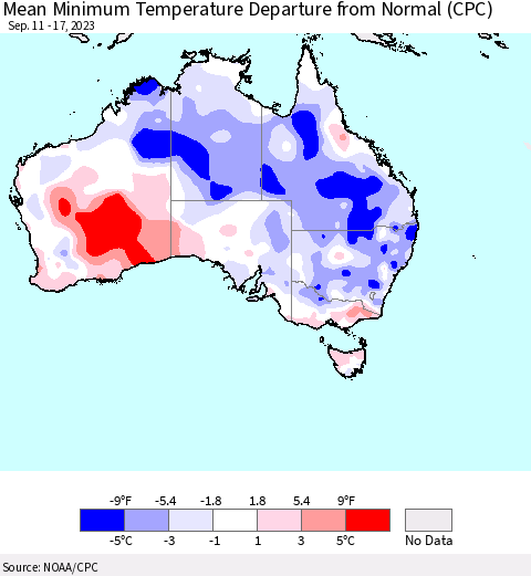 Australia Mean Minimum Temperature Departure from Normal (CPC) Thematic Map For 9/11/2023 - 9/17/2023