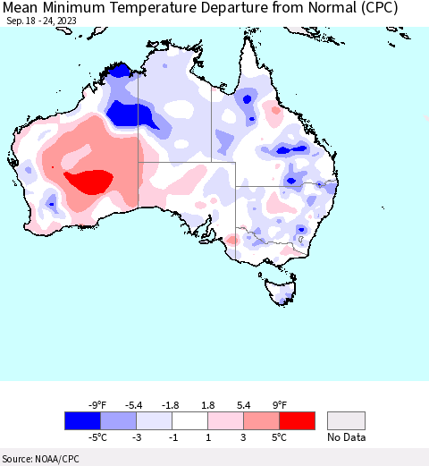 Australia Mean Minimum Temperature Departure from Normal (CPC) Thematic Map For 9/18/2023 - 9/24/2023