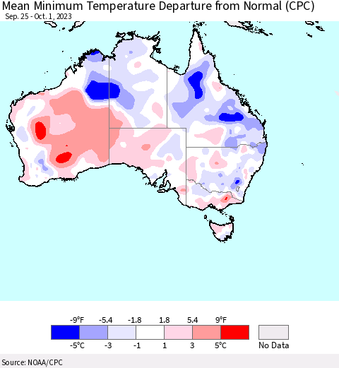 Australia Mean Minimum Temperature Departure from Normal (CPC) Thematic Map For 9/25/2023 - 10/1/2023