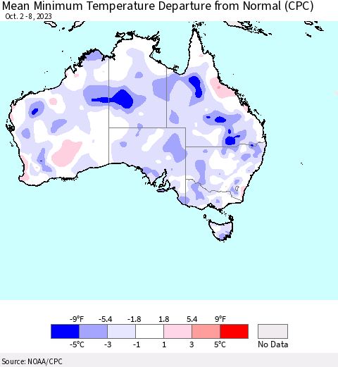 Australia Mean Minimum Temperature Departure from Normal (CPC) Thematic Map For 10/2/2023 - 10/8/2023