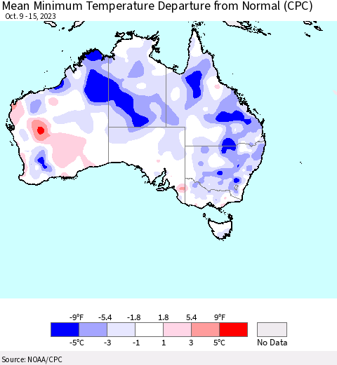 Australia Mean Minimum Temperature Departure from Normal (CPC) Thematic Map For 10/9/2023 - 10/15/2023