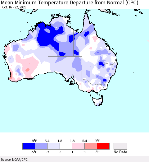 Australia Mean Minimum Temperature Departure from Normal (CPC) Thematic Map For 10/16/2023 - 10/22/2023