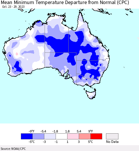 Australia Mean Minimum Temperature Departure from Normal (CPC) Thematic Map For 10/23/2023 - 10/29/2023