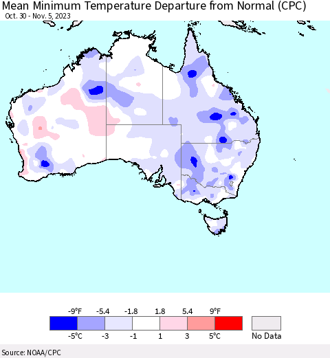 Australia Mean Minimum Temperature Departure from Normal (CPC) Thematic Map For 10/30/2023 - 11/5/2023