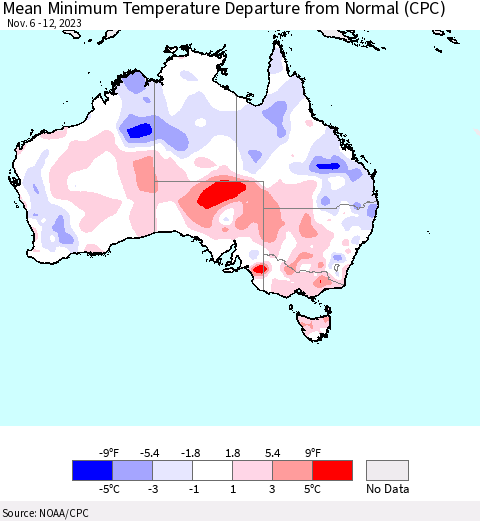 Australia Mean Minimum Temperature Departure from Normal (CPC) Thematic Map For 11/6/2023 - 11/12/2023
