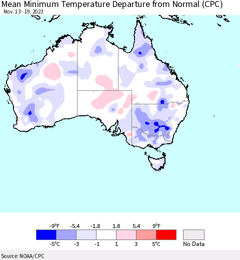 Australia Mean Minimum Temperature Departure from Normal (CPC) Thematic Map For 11/13/2023 - 11/19/2023