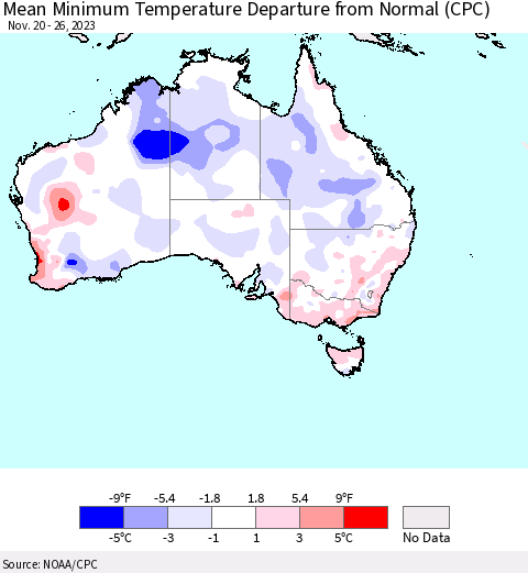 Australia Mean Minimum Temperature Departure from Normal (CPC) Thematic Map For 11/20/2023 - 11/26/2023