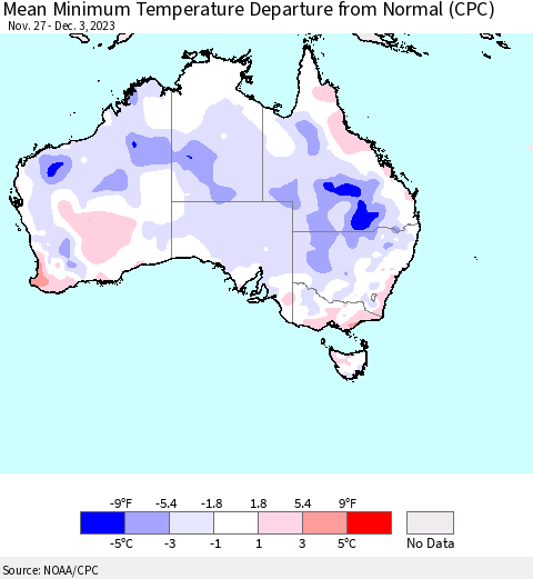 Australia Mean Minimum Temperature Departure from Normal (CPC) Thematic Map For 11/27/2023 - 12/3/2023