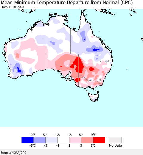 Australia Mean Minimum Temperature Departure from Normal (CPC) Thematic Map For 12/4/2023 - 12/10/2023