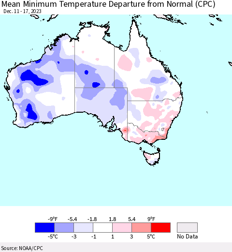 Australia Mean Minimum Temperature Departure from Normal (CPC) Thematic Map For 12/11/2023 - 12/17/2023