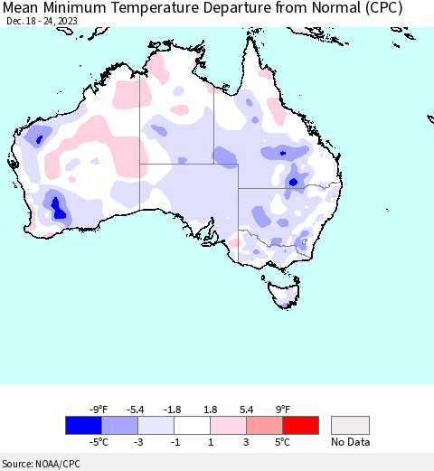 Australia Mean Minimum Temperature Departure from Normal (CPC) Thematic Map For 12/18/2023 - 12/24/2023