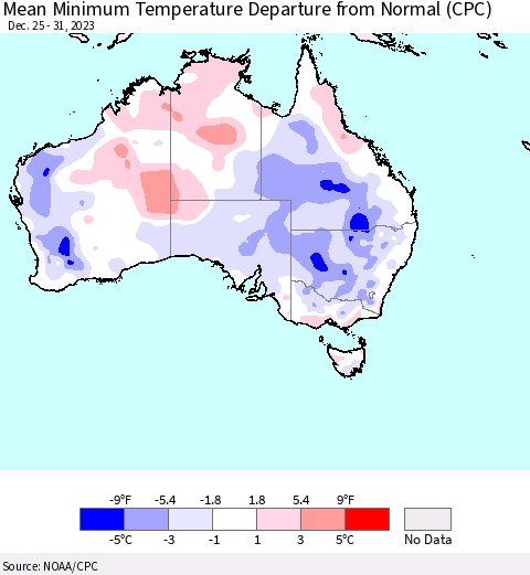 Australia Mean Minimum Temperature Departure from Normal (CPC) Thematic Map For 12/25/2023 - 12/31/2023