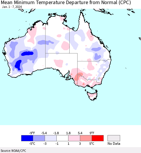 Australia Mean Minimum Temperature Departure from Normal (CPC) Thematic Map For 1/1/2024 - 1/7/2024