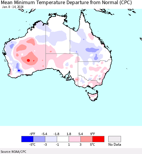 Australia Mean Minimum Temperature Departure from Normal (CPC) Thematic Map For 1/8/2024 - 1/14/2024