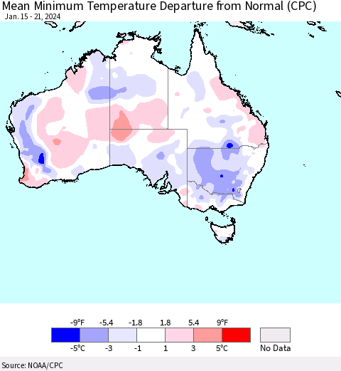 Australia Mean Minimum Temperature Departure from Normal (CPC) Thematic Map For 1/15/2024 - 1/21/2024