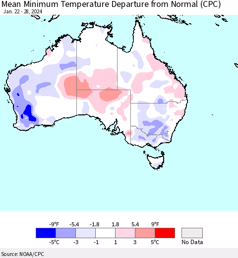 Australia Mean Minimum Temperature Departure from Normal (CPC) Thematic Map For 1/22/2024 - 1/28/2024
