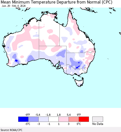 Australia Mean Minimum Temperature Departure from Normal (CPC) Thematic Map For 1/29/2024 - 2/4/2024