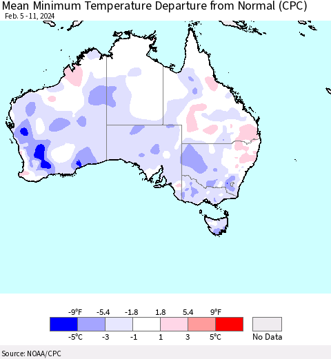Australia Mean Minimum Temperature Departure from Normal (CPC) Thematic Map For 2/5/2024 - 2/11/2024