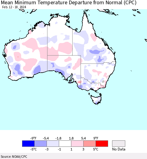 Australia Mean Minimum Temperature Departure from Normal (CPC) Thematic Map For 2/12/2024 - 2/18/2024