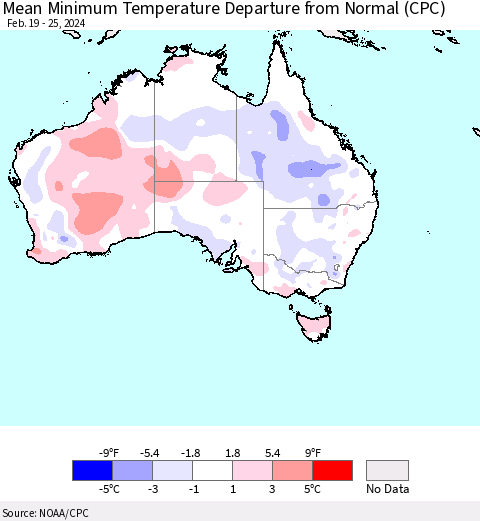Australia Mean Minimum Temperature Departure from Normal (CPC) Thematic Map For 2/19/2024 - 2/25/2024