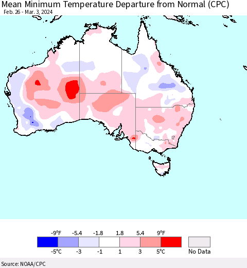 Australia Mean Minimum Temperature Departure from Normal (CPC) Thematic Map For 2/26/2024 - 3/3/2024