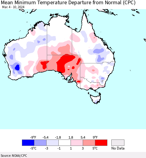 Australia Mean Minimum Temperature Departure from Normal (CPC) Thematic Map For 3/4/2024 - 3/10/2024