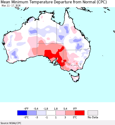 Australia Mean Minimum Temperature Departure from Normal (CPC) Thematic Map For 3/11/2024 - 3/17/2024