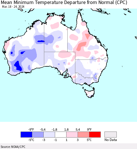 Australia Mean Minimum Temperature Departure from Normal (CPC) Thematic Map For 3/18/2024 - 3/24/2024