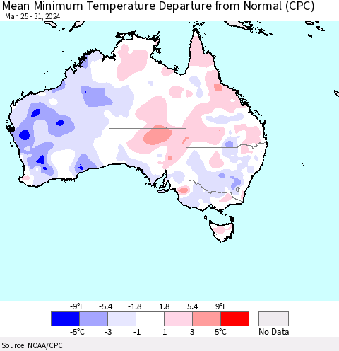 Australia Mean Minimum Temperature Departure from Normal (CPC) Thematic Map For 3/25/2024 - 3/31/2024