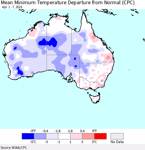 Australia Mean Minimum Temperature Departure from Normal (CPC) Thematic Map For 4/1/2024 - 4/7/2024