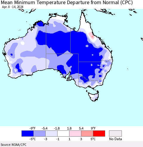 Australia Mean Minimum Temperature Departure from Normal (CPC) Thematic Map For 4/8/2024 - 4/14/2024