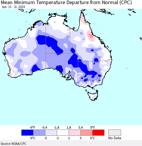 Australia Mean Minimum Temperature Departure from Normal (CPC) Thematic Map For 4/15/2024 - 4/21/2024