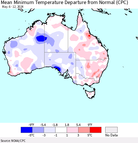 Australia Mean Minimum Temperature Departure from Normal (CPC) Thematic Map For 5/6/2024 - 5/12/2024