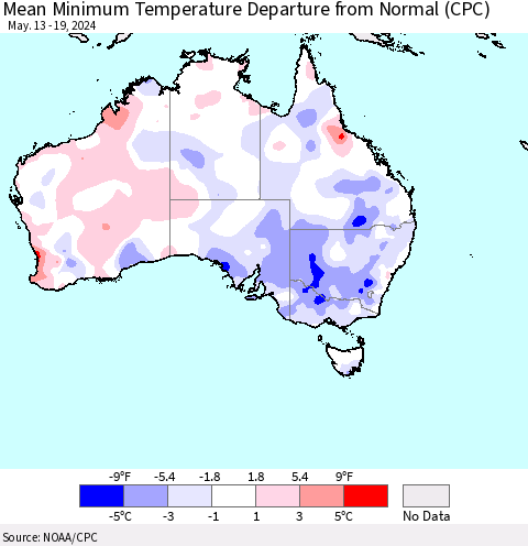 Australia Mean Minimum Temperature Departure from Normal (CPC) Thematic Map For 5/13/2024 - 5/19/2024