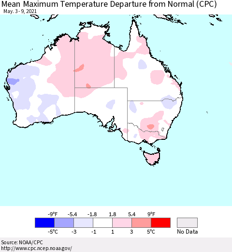 Australia Mean Maximum Temperature Departure from Normal (CPC) Thematic Map For 5/3/2021 - 5/9/2021