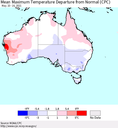 Australia Mean Maximum Temperature Departure from Normal (CPC) Thematic Map For 5/10/2021 - 5/16/2021