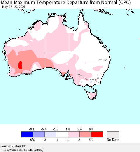 Australia Mean Maximum Temperature Departure from Normal (CPC) Thematic Map For 5/17/2021 - 5/23/2021