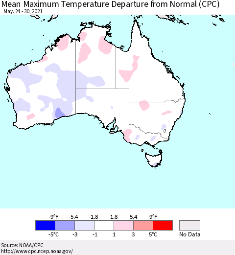 Australia Mean Maximum Temperature Departure from Normal (CPC) Thematic Map For 5/24/2021 - 5/30/2021