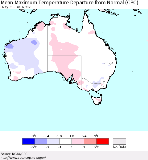 Australia Mean Maximum Temperature Departure from Normal (CPC) Thematic Map For 5/31/2021 - 6/6/2021