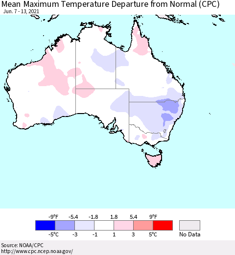 Australia Mean Maximum Temperature Departure from Normal (CPC) Thematic Map For 6/7/2021 - 6/13/2021
